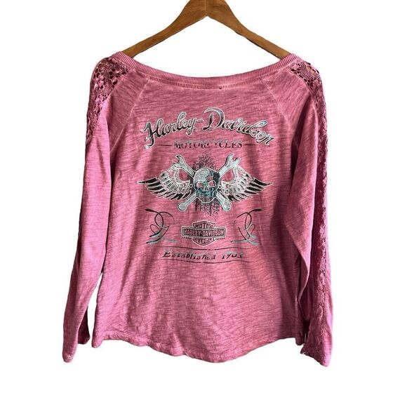 Harley Davidson Tops - Harley Davidson Ladies Embroidered Skull & Wings Jolly Roger Dusty Rose XL